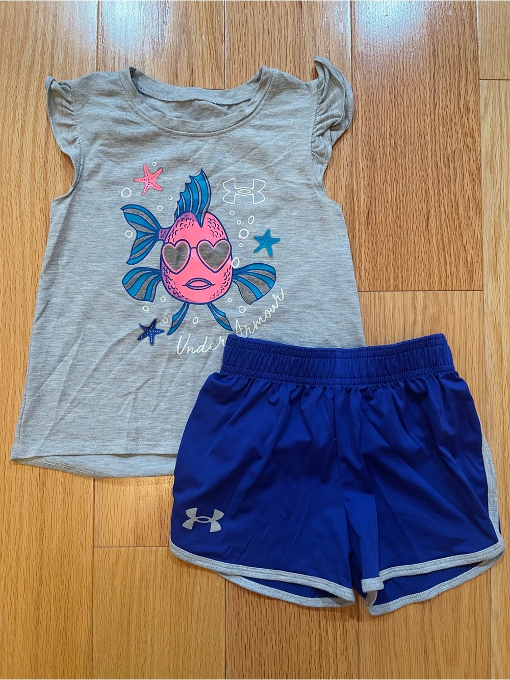 Under Armour Girls Gray Tee with Pink Fish Graphic & Blue Shorts
